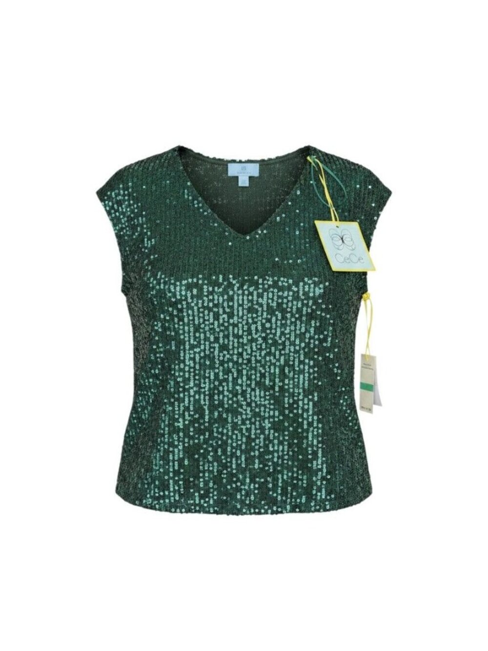 CeCe Green Sequin Sleeveless V-Neck Top Size L NWT